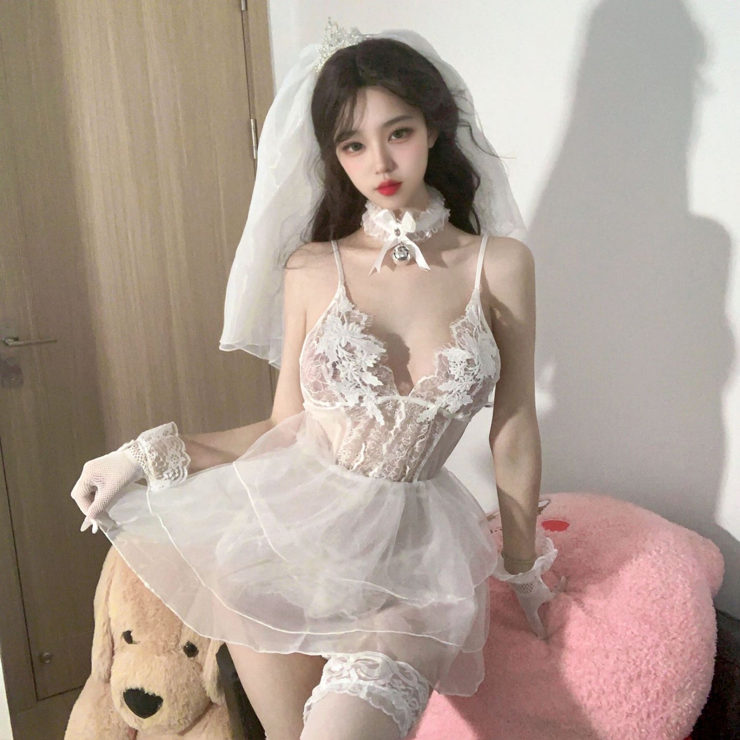 Sexy lingerie lace sexy pure desire bride dress deep V hollow temptation low-cut jumpsuit uniform