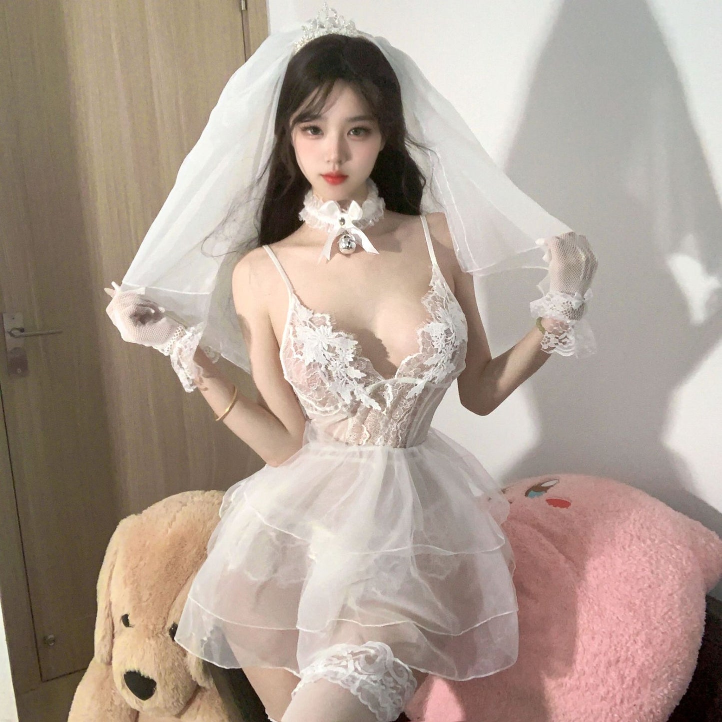 Sexy lingerie lace sexy pure desire bride dress deep V hollow temptation low-cut jumpsuit uniform