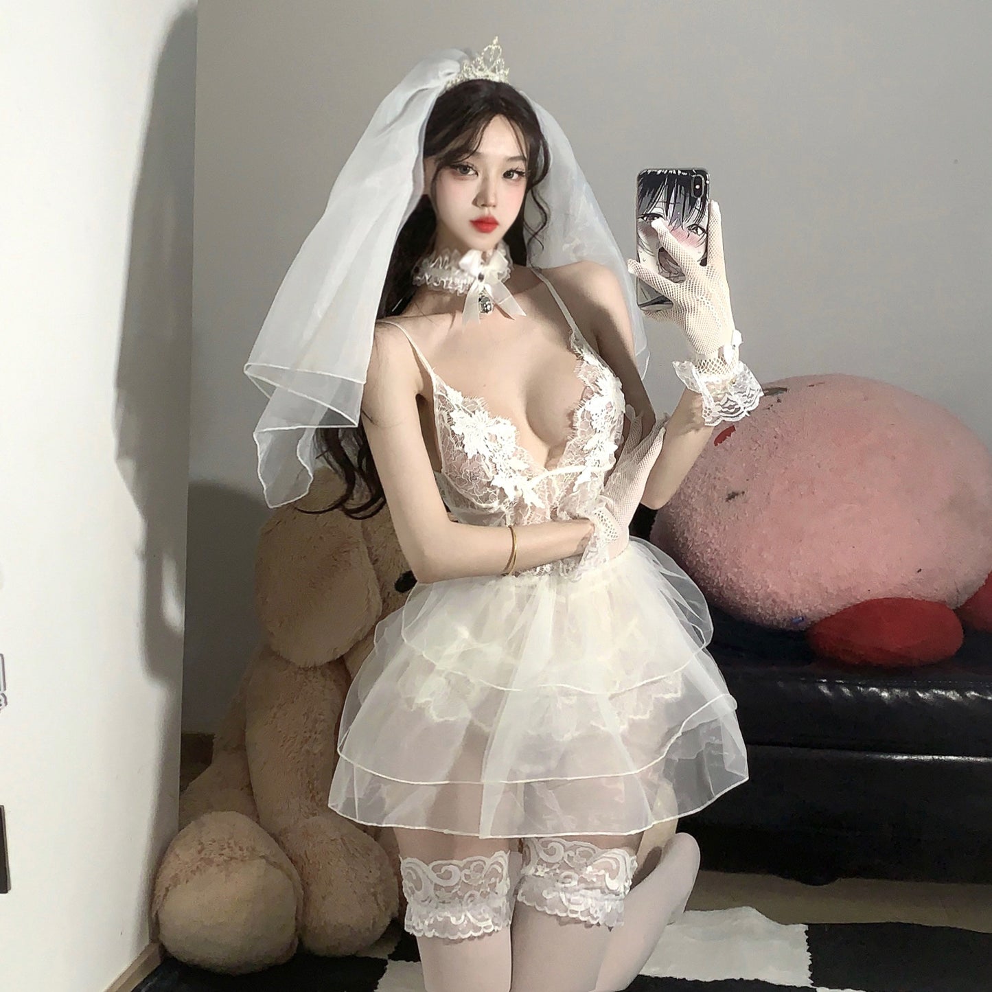 Sexy lingerie lace sexy pure desire bride dress deep V hollow temptation low-cut jumpsuit uniform