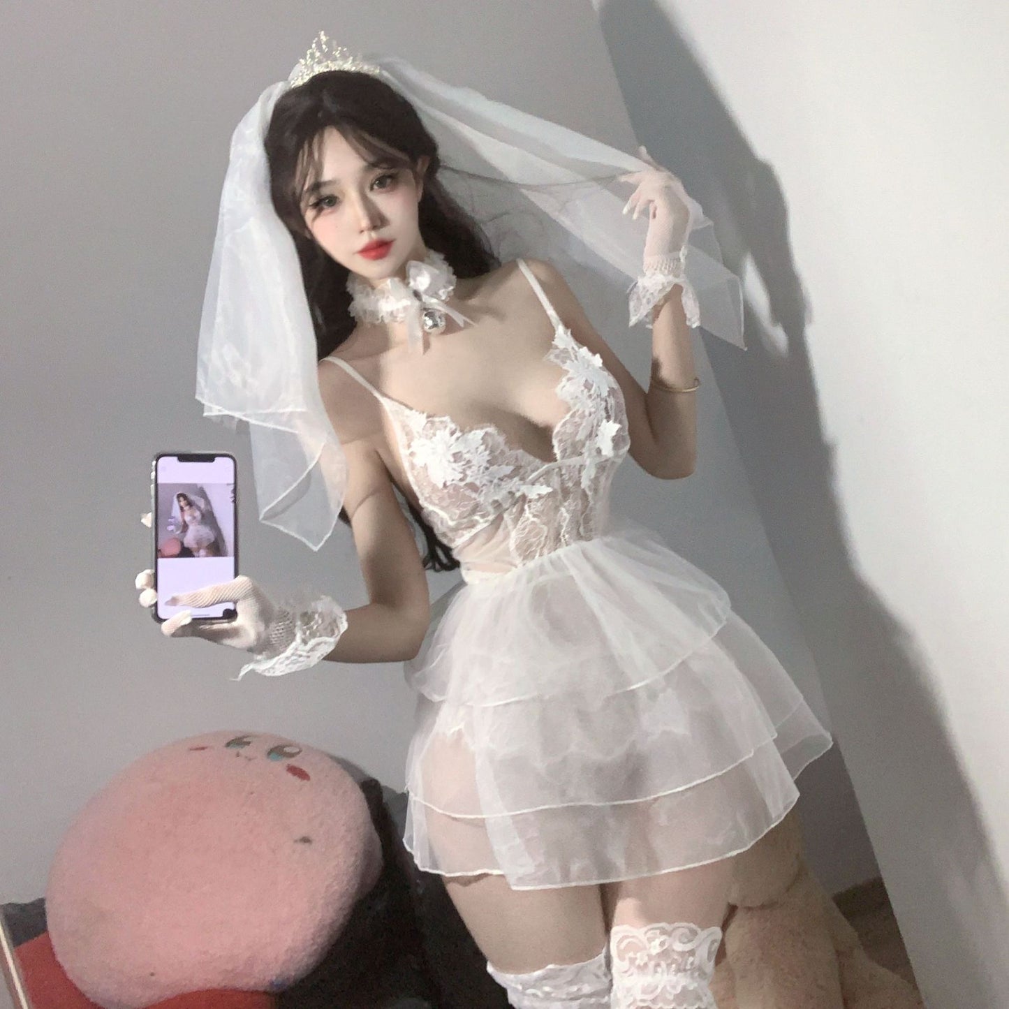 Sexy lingerie lace sexy pure desire bride dress deep V hollow temptation low-cut jumpsuit uniform